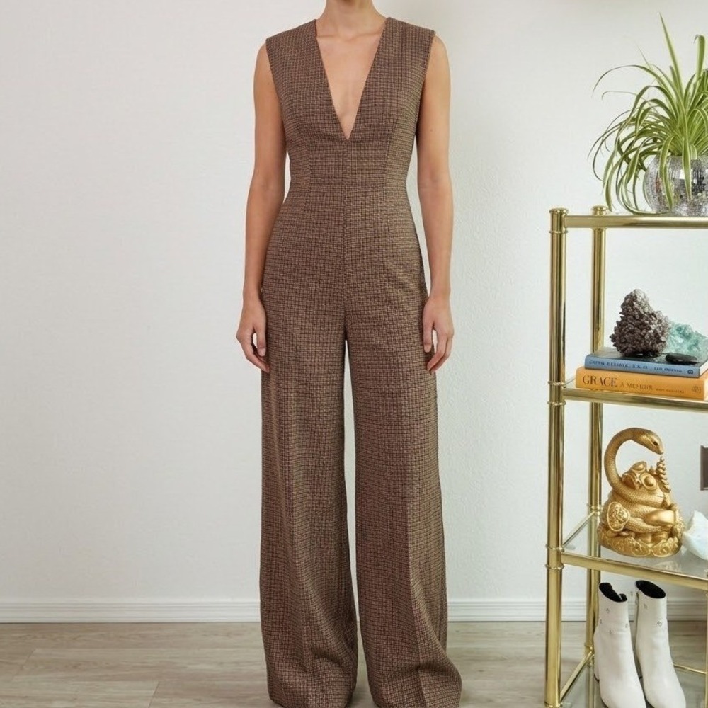 Nice Things Houndstooth Wide Leg V-Neck Jumpsuit, Size 38 US 6 Brown Anthro